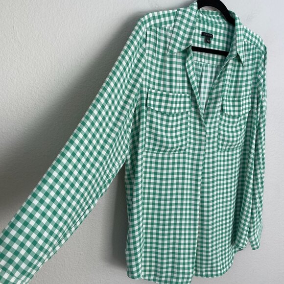 Ann Taylor Womens Large Green White Gingham Long Sleeve Blouse Shirt Top - Picture 12 of 13